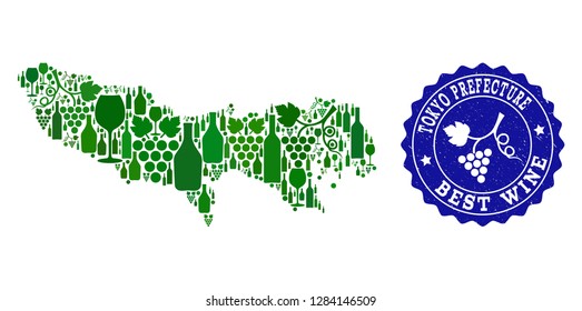 Vector composition of wine map of Tokyo Prefecture and best grape wine grunge stamp. Map of Tokyo Prefecture collage composed with bottles and grape berries bunches.