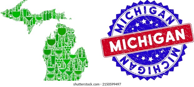 Vector composition of wine Michigan State map and grunge bicolor Michigan stamp. Red and blue bicolored imprint with grunge style and Michigan word.