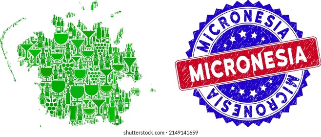 Vektorkomposition des Weins Mikronesien Insel Karte und Grunge Bicolor Mikronesien Stempel. Rote und blaue, bicfarbene Stempel mit Grunge-Oberfläche und Mikronesien-Anhänger.