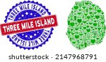 Vector composition of wine Nevis Island map with grunge bicolor Three Mile Island seal stamp. Red and blue bicolored stamp with grunge surface and Three Mile Island phrase.