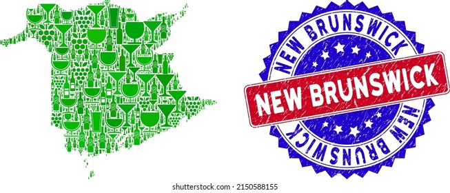 Composición vectorial del vino New Brunswick y sello de foca bicolor de Nueva Brunswick. Sello bicolores rojo y azul con un estilo impuro y texto de New Brunswick.