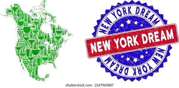Vektorzusammensetzung des Weins North America v2 Karte und Grunge bicolor New York Traummarke. Rot und blau, bicfarbener Aufdruck mit Grunge-Textur und New York Dream Wort.