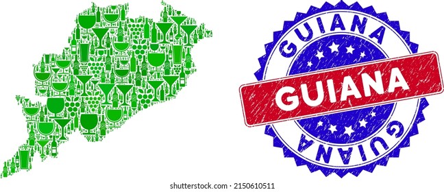 Vector composition of wine Odisha State map with grunge bicolor Guiana seal. Red and blue bicolored seal with grunge texture and Guiana phrase. Odisha State map collage formed with wine glasses,