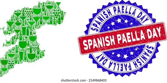 Vector composition of wine Pontevedra Province map and grunge bicolor Spanish Paella Day seal. Red and blue bicolored seal with distress surface and Spanish Paella Day tag.