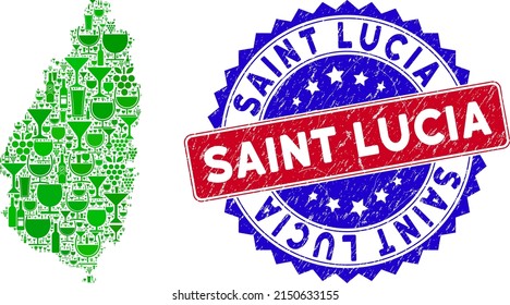 Vector composition of wine Saint Lucia Island map with grunge bicolor Saint Lucia seal. Red and blue bicolored seal with grunge texture and Saint Lucia caption.