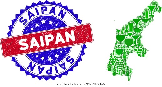 Vector composition of wine Saipan Island map and grunge bicolor Saipan stamp. Red and blue bicolored watermark with grunge surface and Saipan tag. Saipan Island map collage is formed with wine cups,