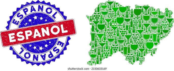 Vector composition of wine Salamanca Province map and grunge bicolor Espanol stamp. Red and blue bicolored stamp with grunge style and Espanol text.