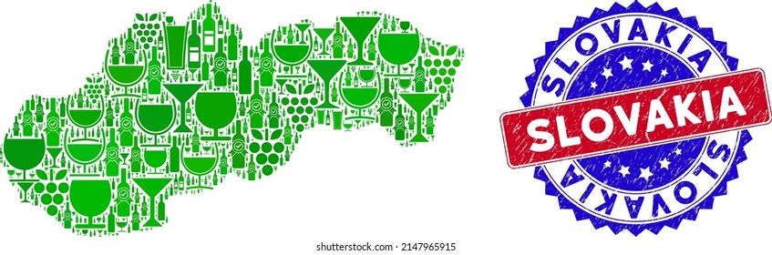 Vector composition of wine Slovakia map and grunge bicolor Slovakia seal. Red and blue bicolored seal with unclean texture and Slovakia slogan. Slovakia map collage is designed with wine cups,