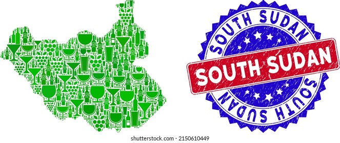 Vector composition of wine South Sudan map with grunge bicolor South Sudan seal stamp. Red and blue bicolored seal with scratched texture and South Sudan word.