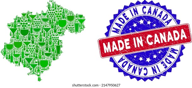 Vector composition of wine Teruel Province map with grunge bicolor Made in Canada seal stamp. Red and blue bicolored stamp with grunge surface and Made in Canada phrase.