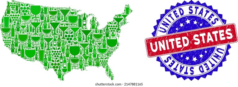 Vector Composition Of Wine United States Map With Grunge Bicolor United States Seal. Red And Blue Bicolored Seal With Grunge Surface And United States Text.