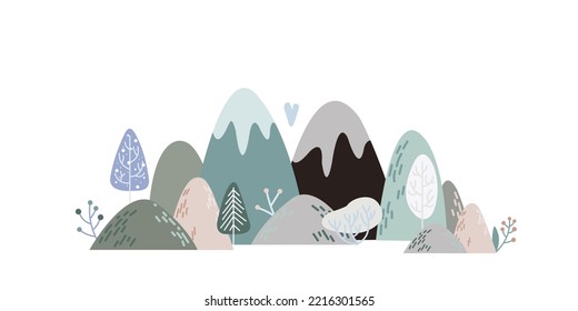 Vector composition with winter forest in mountains. Decorative illustration winter trees in flat style scandi minimalism and boho color. For design baby wallpaper, textile, fabric, wrapping paper