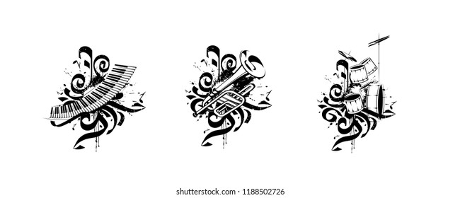 Vector compositions with musical instruments, notes, paint drops, elements of graffiti.