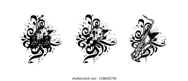 Vector compositions with musical instruments, notes, paint drops, elements of graffiti.
