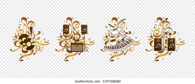 Vector compositions with musical instruments, notes, paint drops, elements of graffiti.