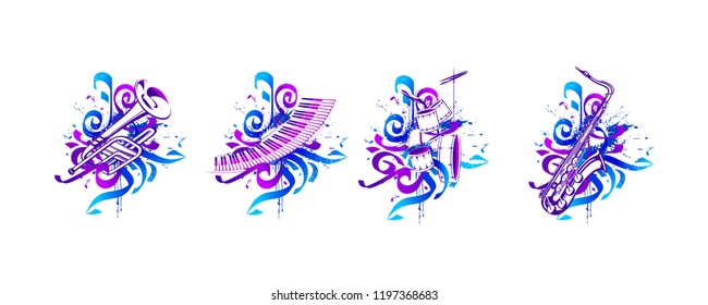 Vector compositions with musical instruments, notes, paint drops, elements of graffiti.