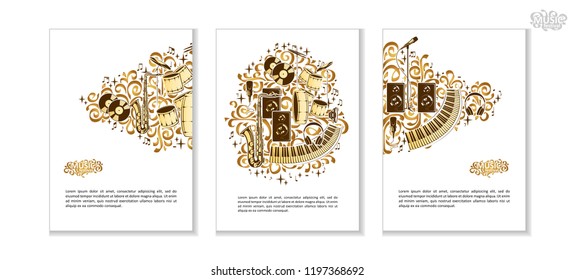 Vector compositions with musical instruments, notes, paint drops, elements of graffiti.