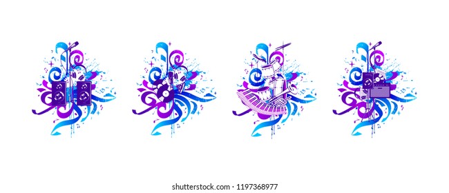 Vector compositions with musical instruments, notes, paint drops, elements of graffiti.