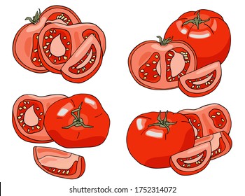 Vector compositions with red tomatoes. Set of hand drawn whole, sliced and half cut fresh tomato vegetables isolated on white background. Food ingredients cartoon doodle drawing. Healthy food