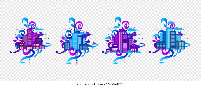 Vector compositions with Silhouettes of buildings, paint drops, elements of graffiti. Urban cityscape.