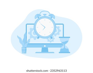 Vector computer with alarm clock and vase of flowers trending concept flat illustration