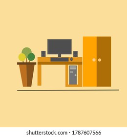 Vector computer, cabinet, table, plant pot, green leaves