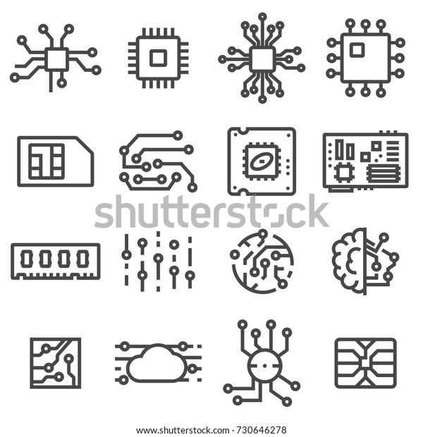 Vector\
Computer Chips icons set. Electronics\
symbols