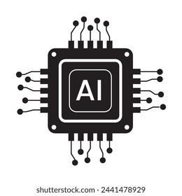 Vector computer electronic chip black shapes AI icon.  Silhouette microchip processor artificial intelligence, cpu, iot, big data isolated on white background