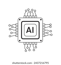 Vector computer electronic chip line AI icon. Outline microchip processor artificial intelligence, cpu, iot, big data isolated on white background