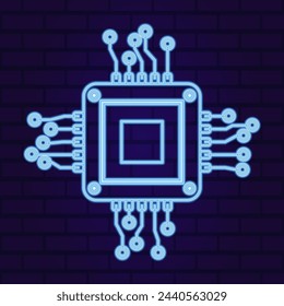 Vector computer electronic chip neon glowing outline icon. Line microchip processor artificial intelligence, cpu, iot, big data isolated on white background