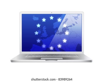 Vector computer with Europe map and flag screen background