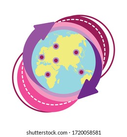 vector computer flat round icon of the globe with arrows in a circle and locations on continents, isolated on a white background, located on multi-colored circles, eps 10