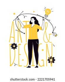Vector computer graphics designer. Pen tool cursor. Curve control points. Flat color illustration of cartoon character.