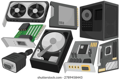 Vector computer hardware parts set with graphics card, SSD, hard drive, PC case, expansion cards and VGA connector, isolated on white background, computer repair infographic design