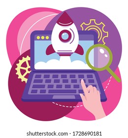 vector computer icon of a laptop on the keyboard button hand presses and takes off a cartoon rocket on the background of different-colored flat circles, symbol of acceleration of processes development