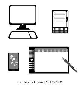 Vector computer icon set: computer, graphics tablet, e-book, mobile phone.