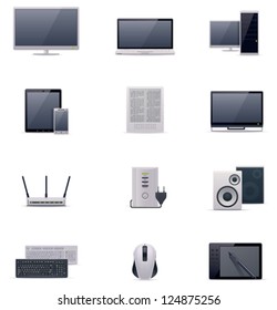 Vector computer icon set. Includes monitor, laptop, desktop PC, tablet, smartphone, wifi router, keyboard, mice, graphic tablet and other electronics