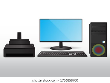 Vector computer icon set. monitor, keyboard, printer, and pc