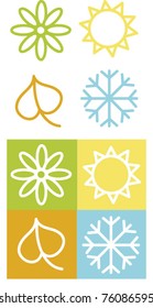 Vector Computer Illustration of Color Four Season Symbols.Spring Flower.Summer Sun.Autumn Leaf.Winter Snow Flake.Set of Four Seasons Icons Isolated on White Background.