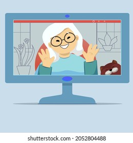 Vector computer illustration of an grandmother on a video call with cat