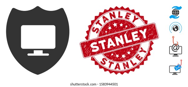 Vector computer insurance icon and grunge round stamp seal with Stanley caption. Flat computer insurance icon is isolated on a white background. Stanley stamp seal uses red color and dirty texture.
