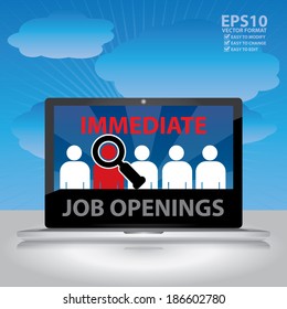 Vector : Computer Laptop With Immediate Job Openings Message on Blue Screen in Blue Sky Background