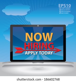 Vector : Computer Laptop With Now Hiring, Apply Now Message on Blue Screen in Blue Sky Background