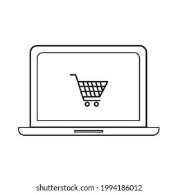 Vector computer laptop and supermarket cart in screen icon symbol on white background.