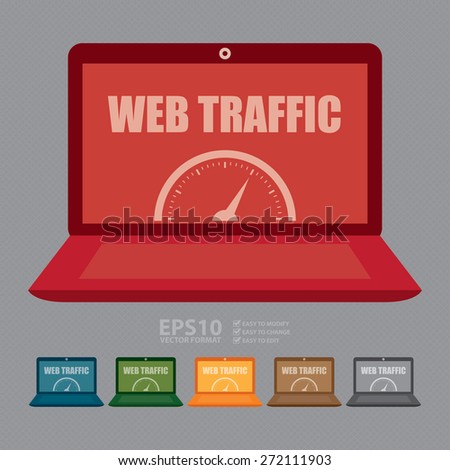 Vector : Computer Laptop With Web Traffic Label, Sign or Icon