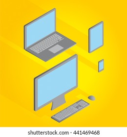 Vector Computer monitor, keyboard, Digital Tablet, Smart Phone and laptop. illustration of a set of electronic devices with a modern design and three-dimensional .