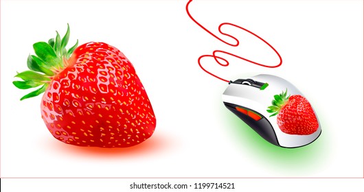 Vector Computer Mouse with a 3d picture, with a realistic printed image of strawberries.Vector Strawberry.Vector background, pattern for textiles, wrappers, stickers, prints.