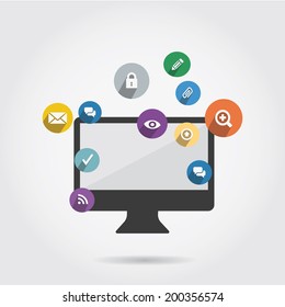 vector computer network concept - technology icons with social media signs