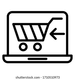 Vector is computer notebook shop outline icon with cart market buy on white background.