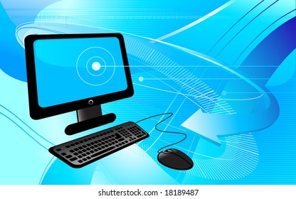  vector computer on blue abstract technology background with stripes